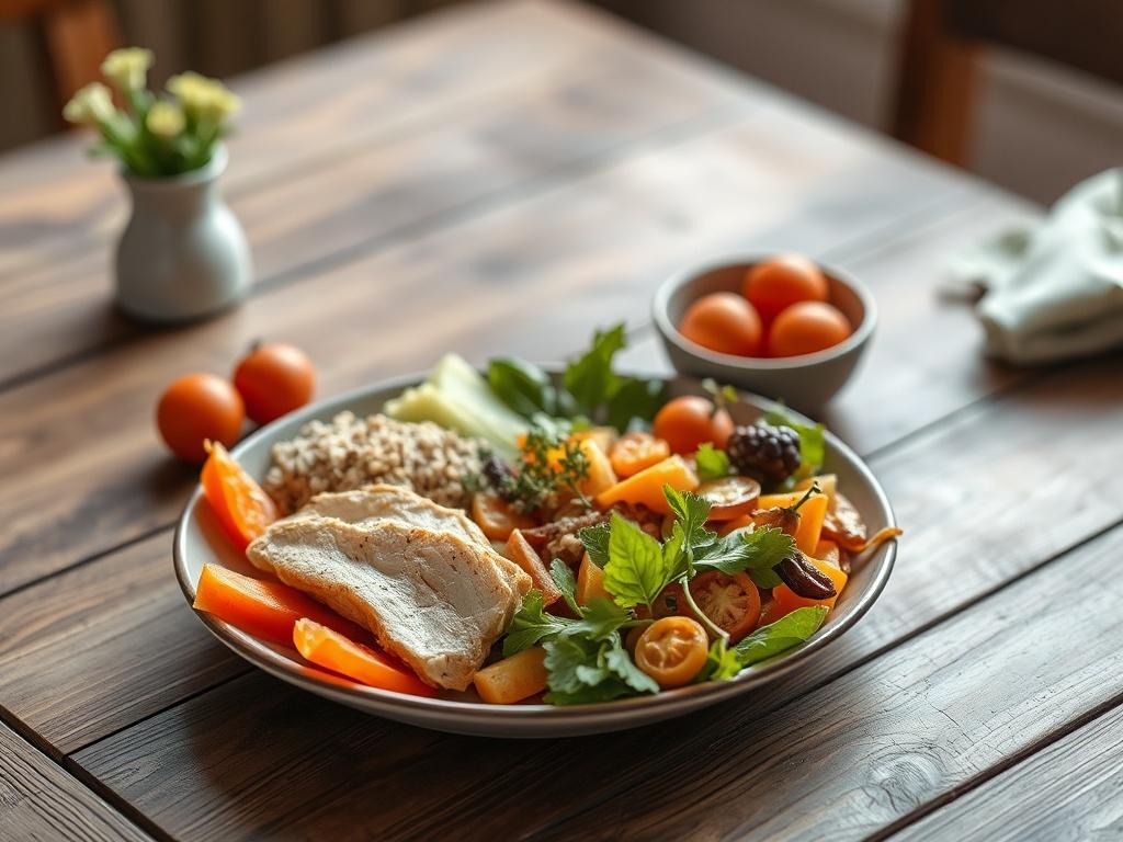 A beautifully arranged plate of healthy food, featuring colorful vegetables,