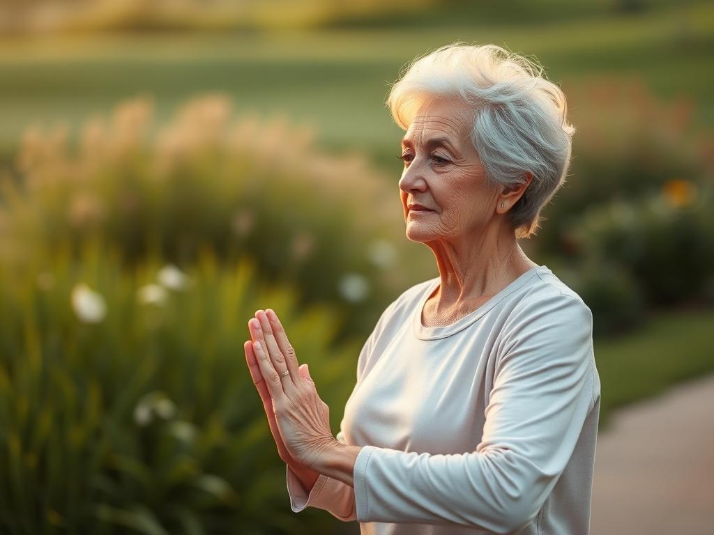 **Prompt for AI Image Generator:**

Create a realistic high-resolution photo that captures the essence of gentle exercises for weight loss for individuals over 50. The composition should focus on a single subject, a mature adult (preferably in their late 50s to early 70s) engaged in a serene exercise routine, such as gentle yoga or tai chi. 

The subject is positioned in a calming outdoor environment, perhaps in a lush, green park or a tranquil garden setting. They should be dressed comfortably in light, br