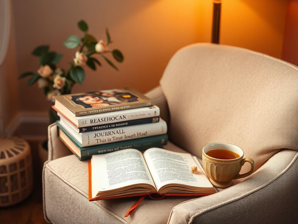A cozy reading nook featuring a soft armchair with a stack of resource books, a journal, and a cup of herbal tea. The background should be warm and inviting, creating a perfect atmosphere for reflection and personal growth.