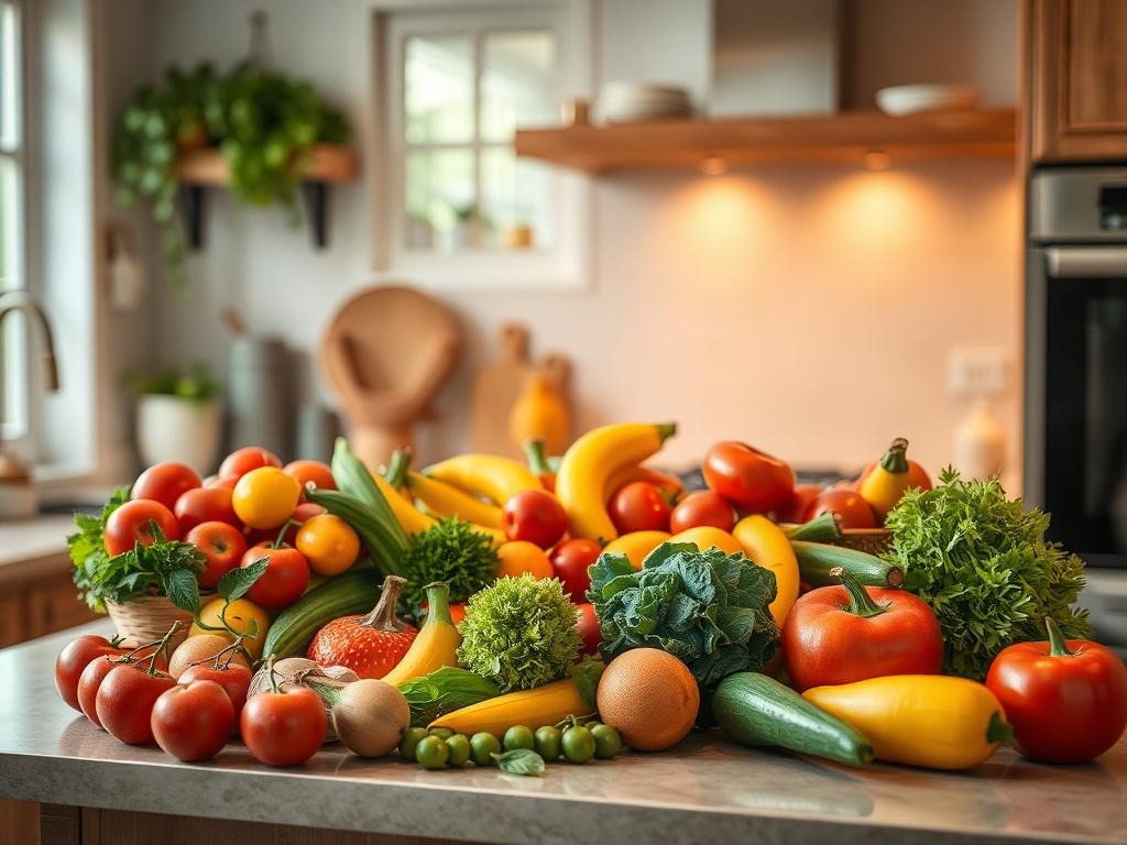 An inviting kitchen scene showcasing vibrant, fresh fruits and vegetables arranged artfully on a countertop. The lighting should be warm and inviting, emphasizing the beauty of wholesome food and encouraging a healthy lifestyle.