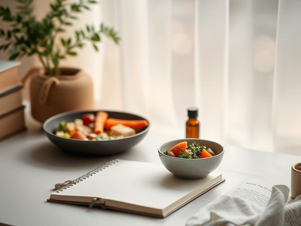 A serene setting with a soft-lit workspace featuring a notebook, a healthy meal, and a calming essential oil diffuser. The background should evoke tranquility, with gentle lighting and soft colors, creating a peaceful atmosphere for self-care and reflection.