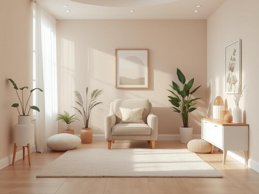 A serene therapy room with soft lighting and calming colors. A comfortable armchair is positioned in the center, surrounded by gentle decor, such as plants and soothing art. The atmosphere conveys tranquility and a sense of safety, inviting individuals to relax and engage in deep therapy.