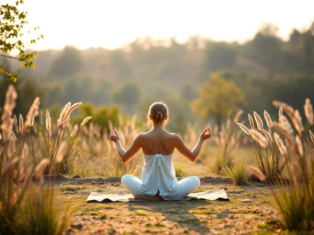 A tranquil outdoor setting with a person practicing meditation or