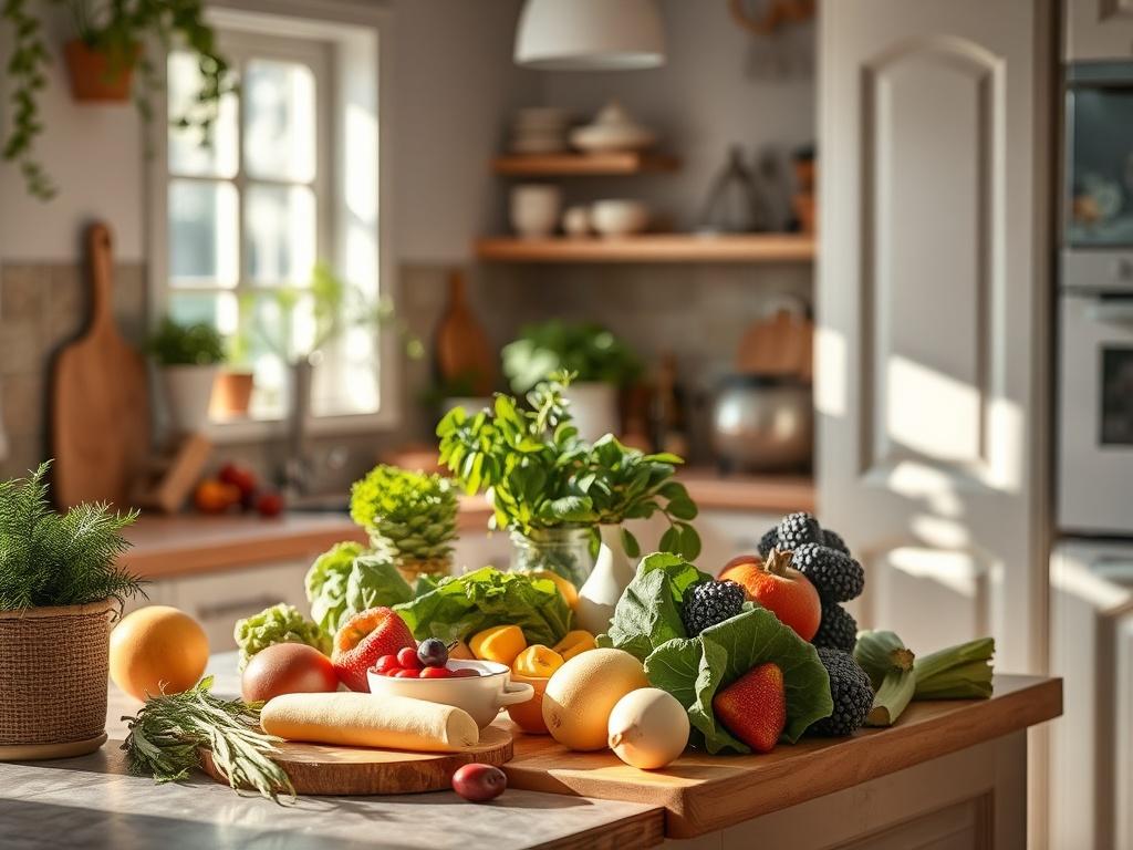 An inviting kitchen setting with healthy food ingredients beautifully arranged