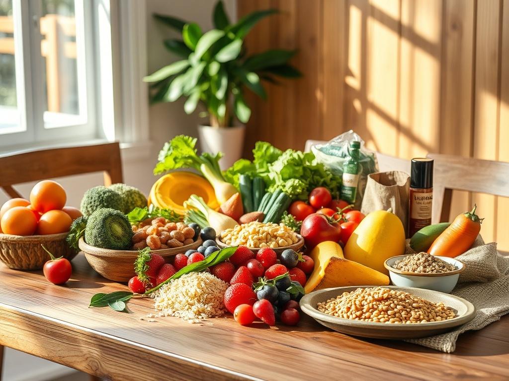 A beautifully arranged healthy meal on a wooden table, featuring
