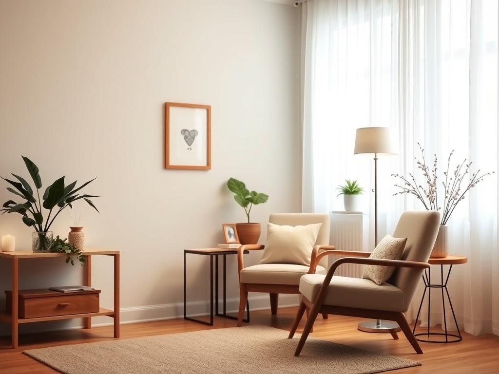 A serene therapist's office with soft lighting, featuring a comfortable