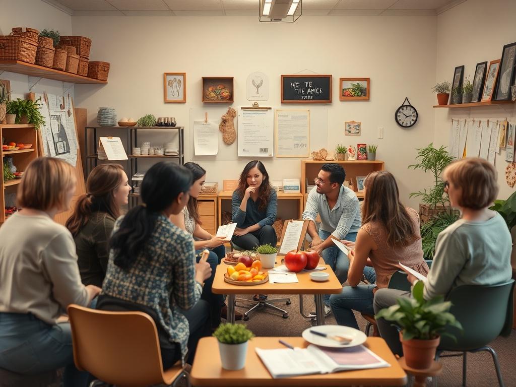 A cozy classroom setting with a group of engaged individuals