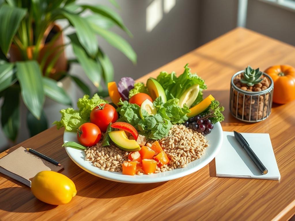 A beautifully arranged plate of healthy food items, including colorful