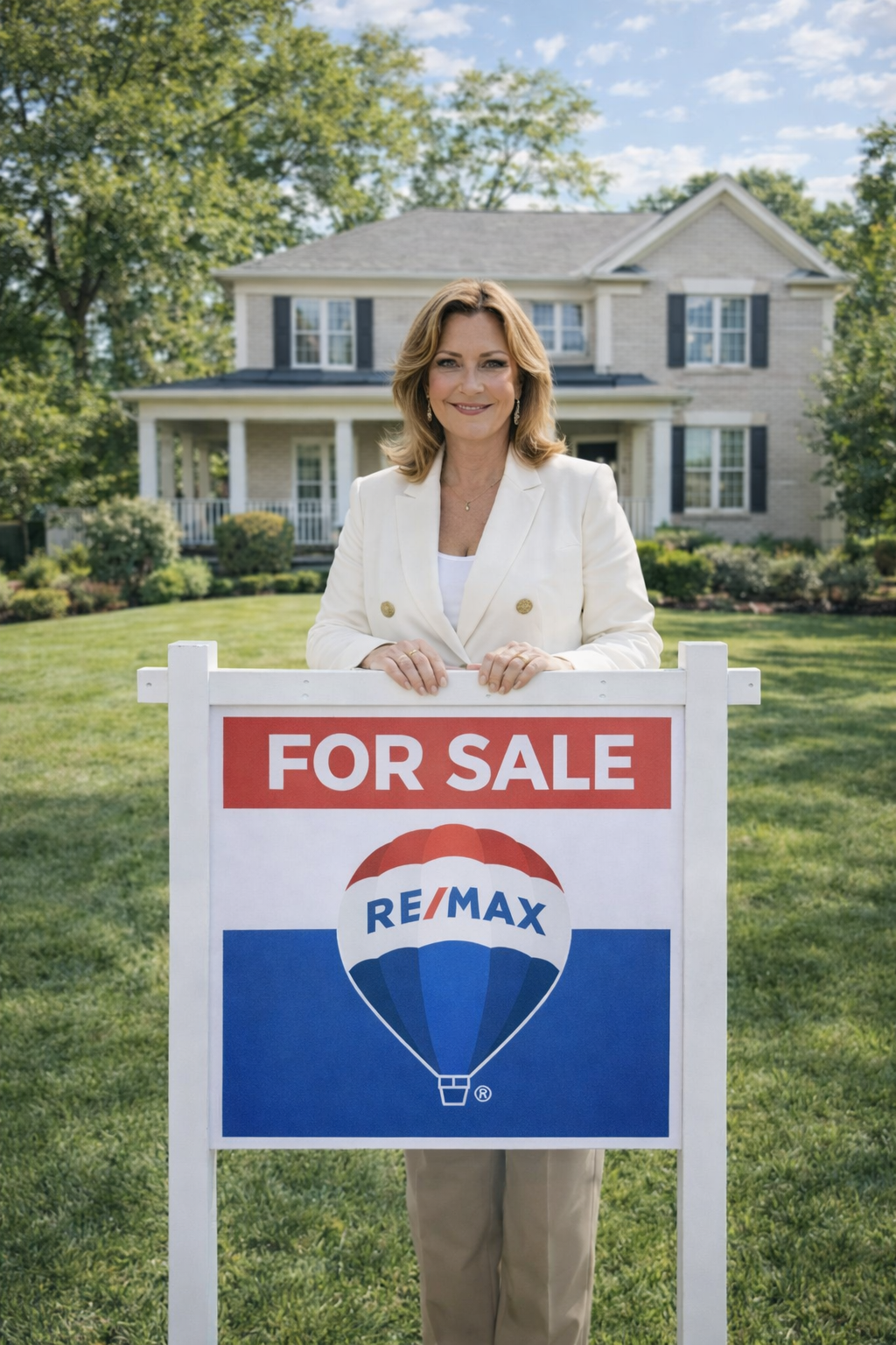 “Central Kentucky real estate agent standing in front of a home for sale with RE/MAX sign”