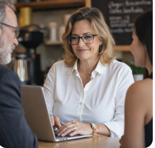 Melodie Lincavage, Kentucky Realtor, meeting with clients in a relaxed coffee shop setting to discuss buying and selling homes in Central Kentucky.