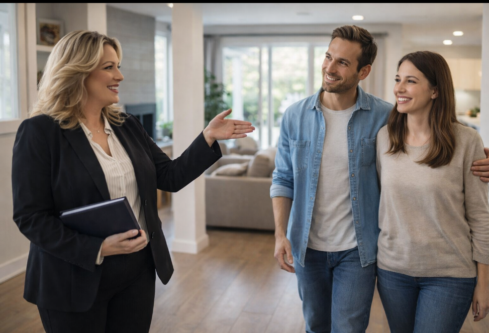 Melodie Lincavage, Kentucky REALTOR®, guiding a couple through a home tour in Central Kentucky