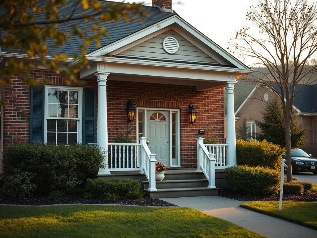 Create a realistic high-resolution photo that captures the essence of the Richmond real estate market. The composition should be simple and clear, focusing solely on a single, elegant home representing the local architectural style typical of Richmond, Kentucky. The subject should be a charming, well-maintained house with a welcoming entrance, showcasing features such as a front porch, neatly landscaped garden, and classic brick or wood siding that reflects the charm of the region.

In the background, inclu