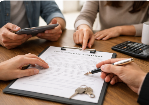 Home buyers reviewing a purchase offer with their real estate agent in Central Kentucky