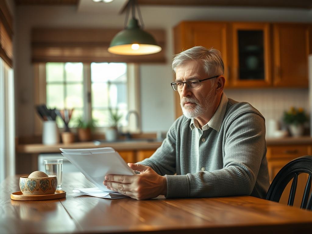 **AI Image Generation Prompt**

Create a high-resolution photo that visually captures the essence of the home selling process in Central Kentucky. The composition should be simple and clear, featuring a single subject - a conscientious homeowner sitting at a kitchen table, thoughtfully reviewing a document or a tablet. The homeowner should exhibit a look of concentration, highlighting the contemplation that comes with the decision to sell their home. 

In the background, include soft, warm lighting to creat