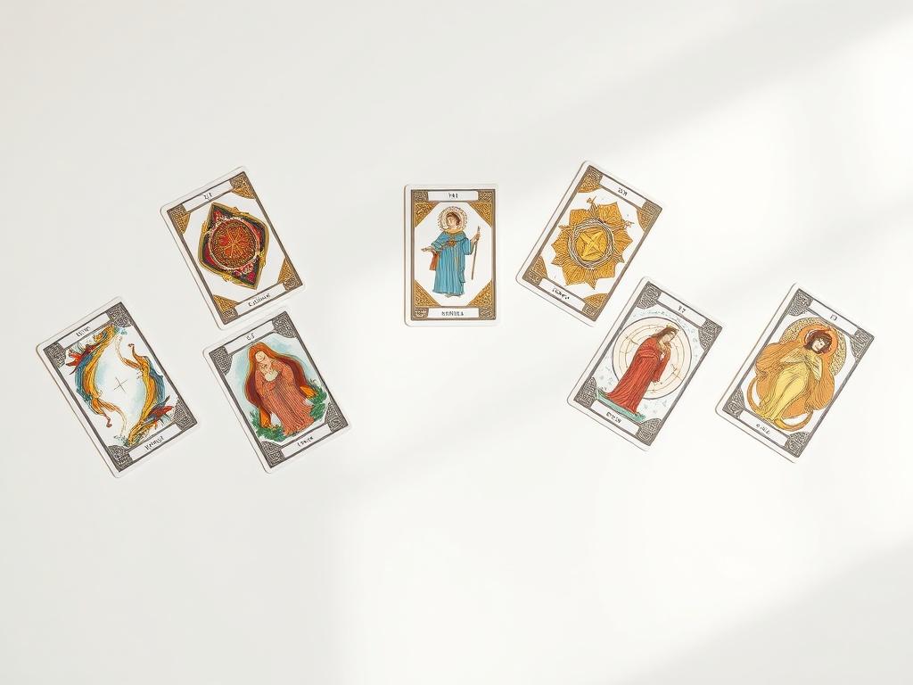 A high-resolution image of a 7-card Tarot spread arranged in a V shape on a clean, white table. The cards are beautifully illustrated, showcasing intricate designs and vibrant colors, while the white table serves as a minimalist backdrop, emphasizing the Tarot cards. The lighting is soft and natural, creating a serene and inviting atmosphere. The overall composition is simple and elegant, with negative space around the cards, allowing the viewer to focus on the details of the Tarot spread.