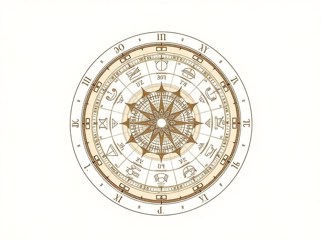 A realistic high-resolution photo of an astrological birth chart wheel depicted in an ancient style. The chart should feature intricate designs and symbols representing the twelve zodiac signs, planets, and houses. The background should be a soft, muted color to enhance the elegance of the chart, with clean lines and minimalistic elements. The focus should be solely on the birth chart wheel, showcasing its details and artistry.