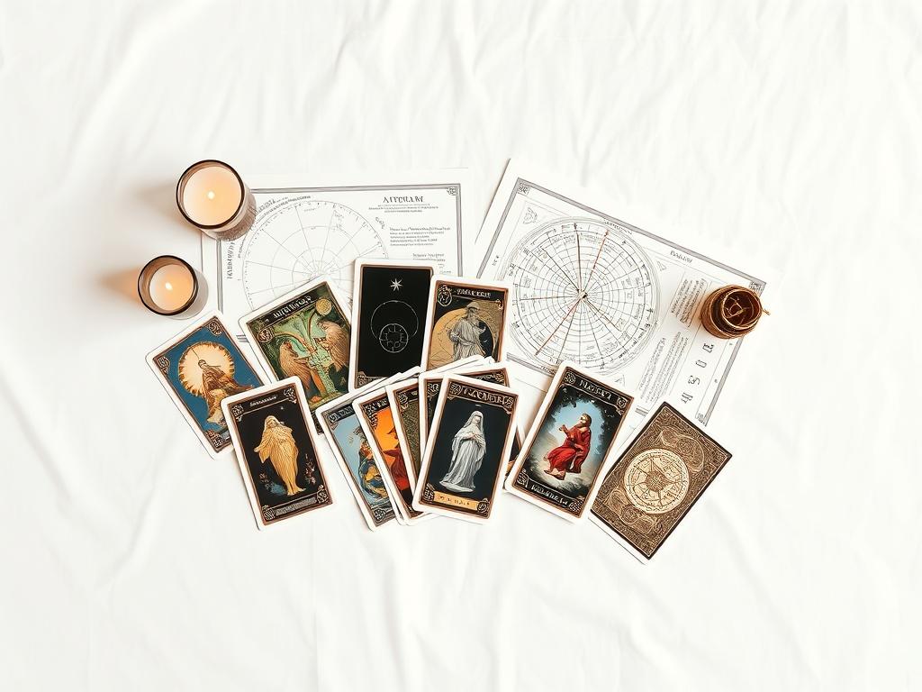 An elegant display of both tarot cards and astrology charts