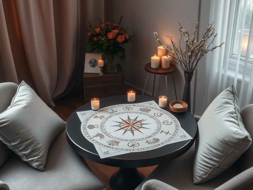 A tranquil scene depicting an astrology consultation in progress, with