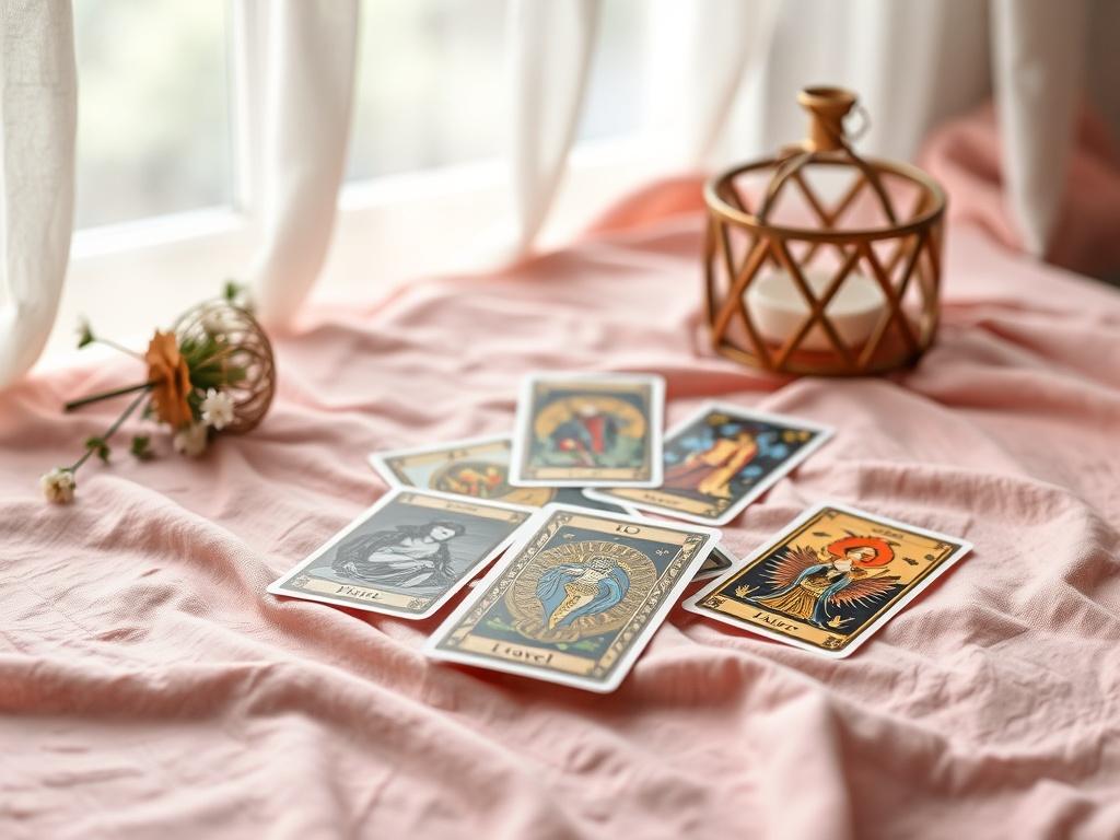 A serene setting featuring a beautiful, intricately designed tarot card