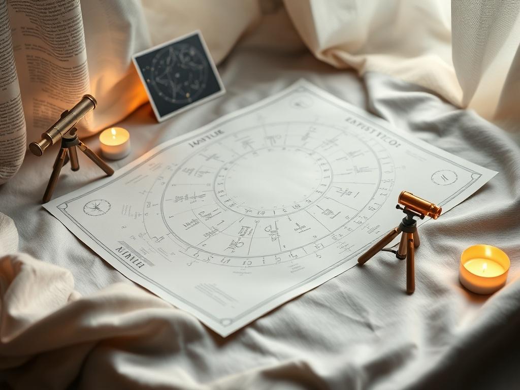 A tranquil atmosphere featuring an astrological chart and celestial symbols