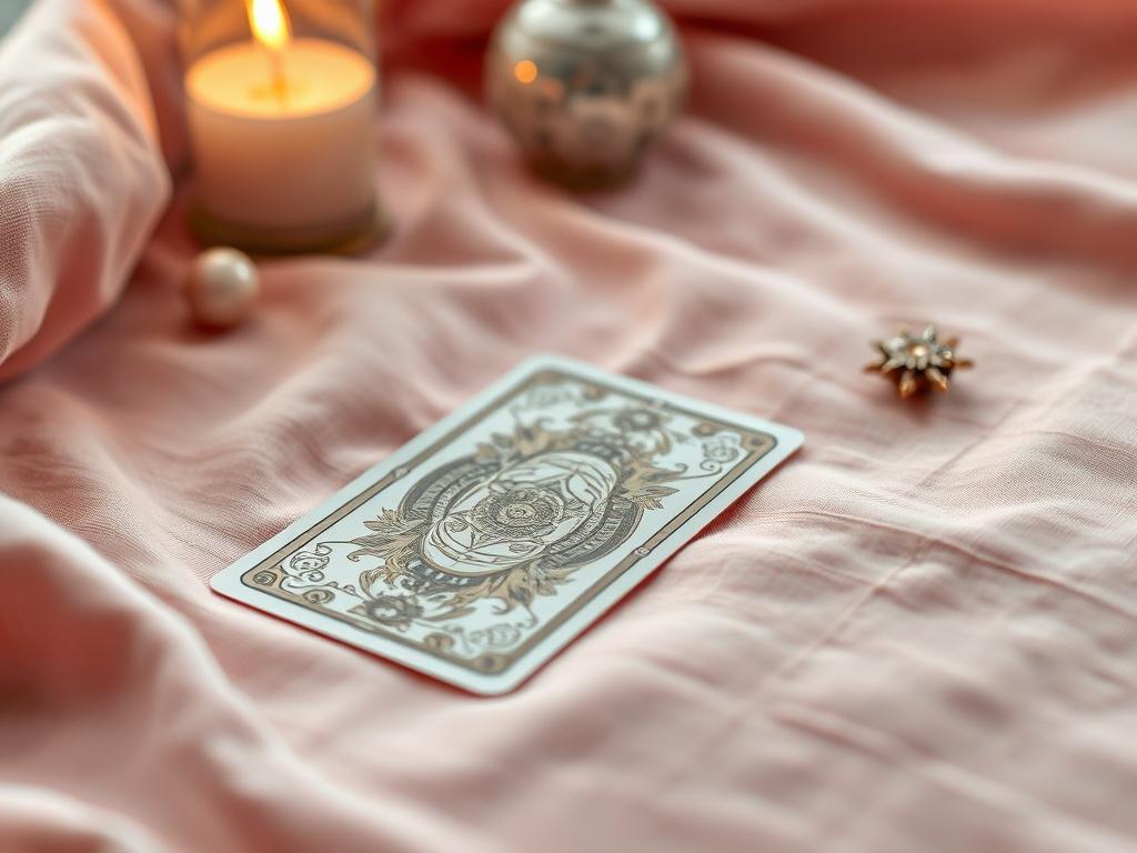 A serene setting featuring a beautifully illustrated Tarot card spread