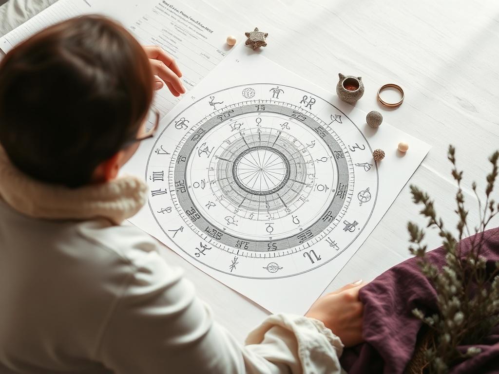 A calming scene featuring an astrologer analyzing a detailed astrological