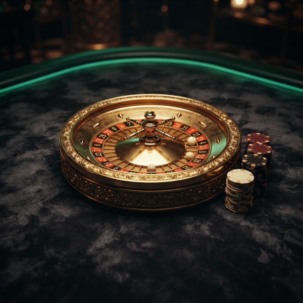 Gold roulette wheel on a dark casino table