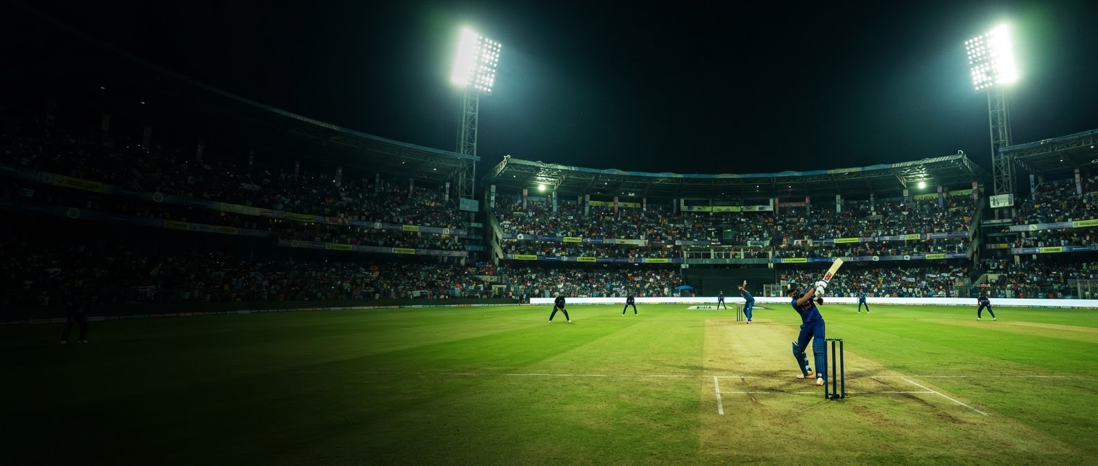 A cricket stadium lit up for a night match