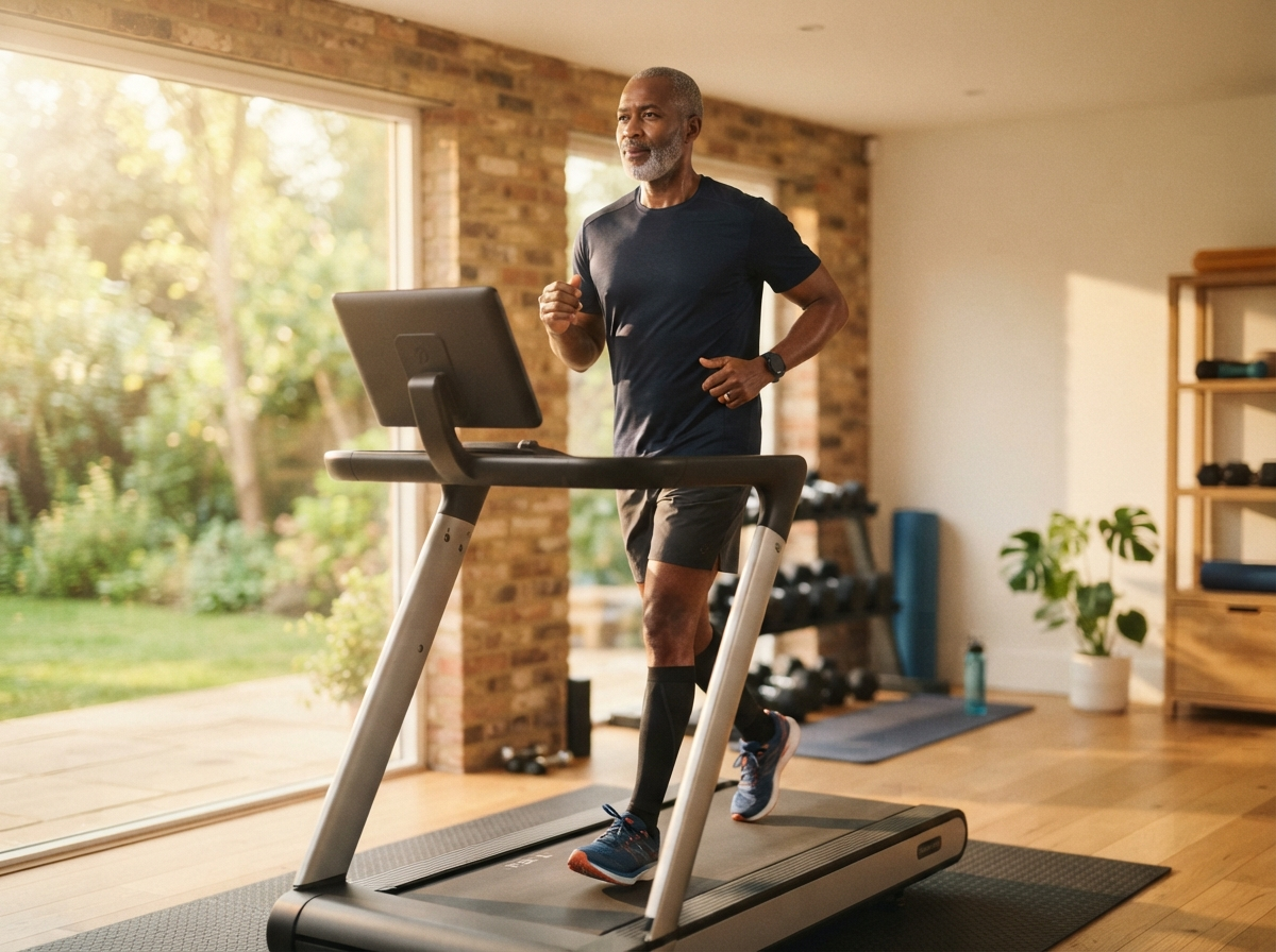 Harold walking energetically on a treadmill in a bright home gym in the early morning