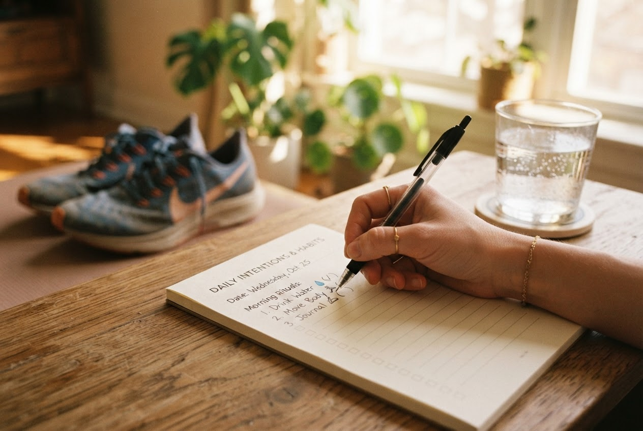A hand writing in a daily accountability journal beside a glass of water and running shoes