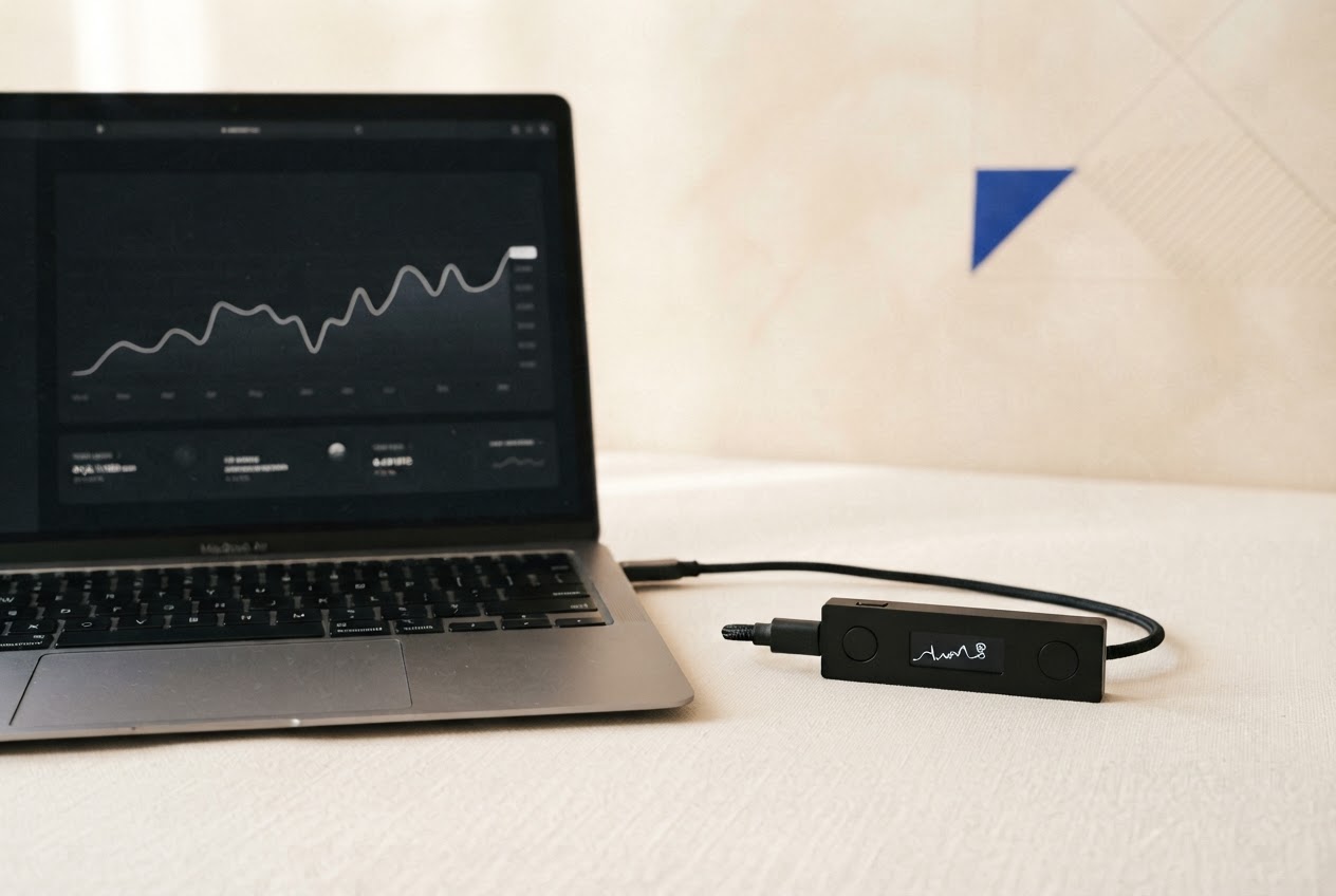 A hardware wallet beside a laptop displaying a portfolio dashboard