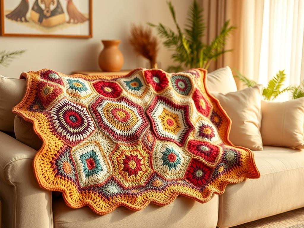 A beautifully crafted handmade crochet blanket displayed on a soft,