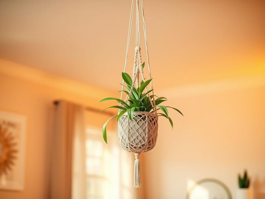 A beautifully designed crochet plant hanger elegantly holding a vibrant