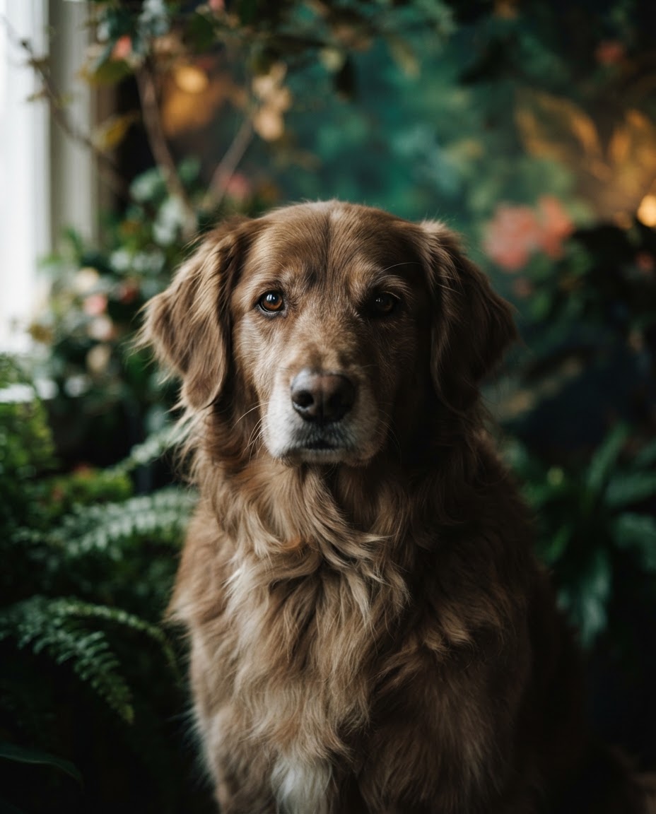 An intimate portrait of a calm long-coated dog, their expressive eyes framed by soft emerald botanical tones