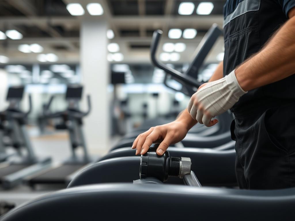A realistic high-resolution close-up shot of a technician performing maintenance on a commercial treadmill in a gym setting. The focus should be on the technician's hands as they inspect the treadmill's components. The background should feature a well-lit gym environment with blurred exercise equipment in the distance, showcasing a clean and professional atmosphere. The image should capture a sense of diligence and care, reflecting the quality of service provided by Shepra Tech.