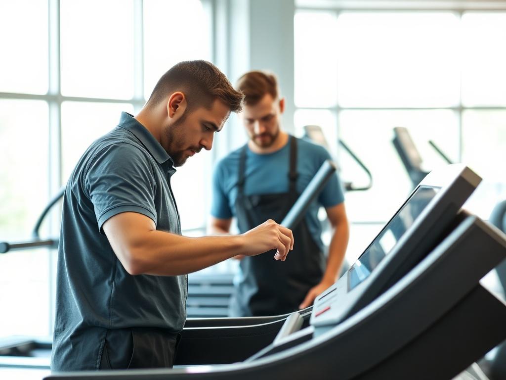 A close-up shot of a fitness technician inspecting a treadmill in a bright, modern gym environment. The technician is focused on checking the machine's belt and console, demonstrating professionalism and expertise. Soft natural light filters through large windows, illuminating the sleek design of the treadmill. The background features other well-maintained fitness equipment, creating a sense of a well-cared-for gym. The overall tone is clean, inviting, and focused on the importance of equipment maintenance.