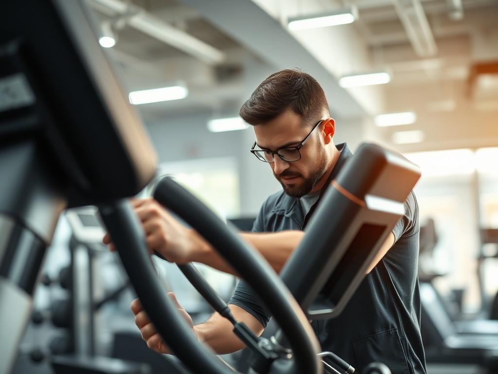 An image of a fitness technician repairing an elliptical machine