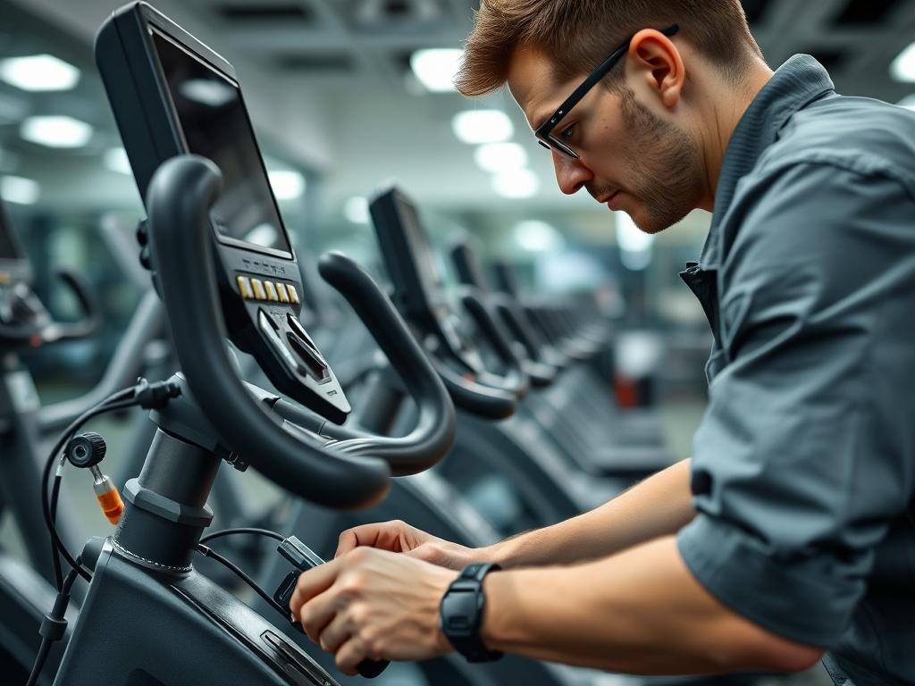 A close up of a fitness technician performing preventive maintenance