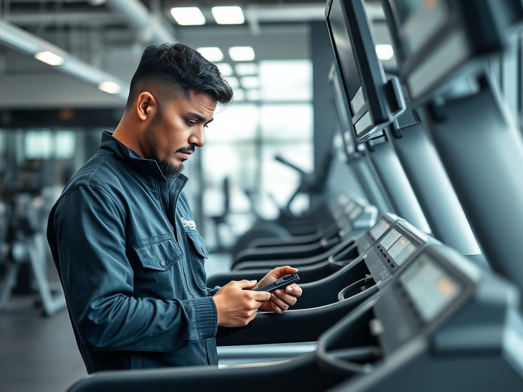 A close-up shot of a fitness technician inspecting a treadmill in a well-lit gym. The technician, a Hispanic male, wears a branded Shepra Tech uniform, focused on the machine with tools in hand. The background features various fitness equipment and a clean, organized space. The image should be hyper-realistic, captured with a 45mm f/1.2 lens style, emphasizing the technician's concentration and the quality of the equipment.