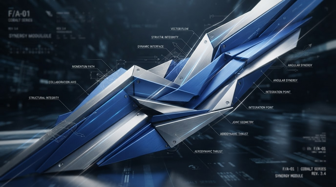 Abstract geometric composition of folded metallic planes in cobalt blue and silver, suggesting momentum and collaboration