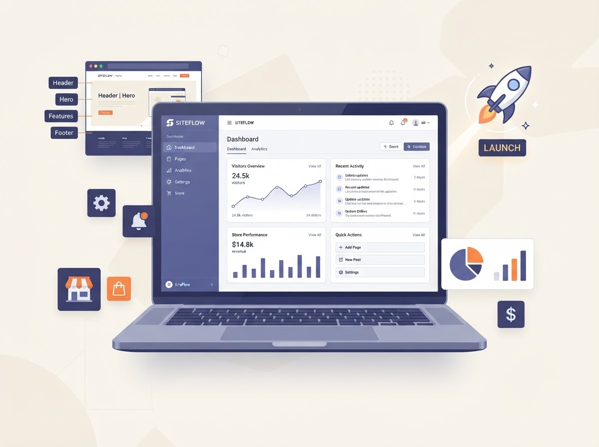 Illustration of the SiteSprint dashboard on a laptop, surrounded by website and storefront elements