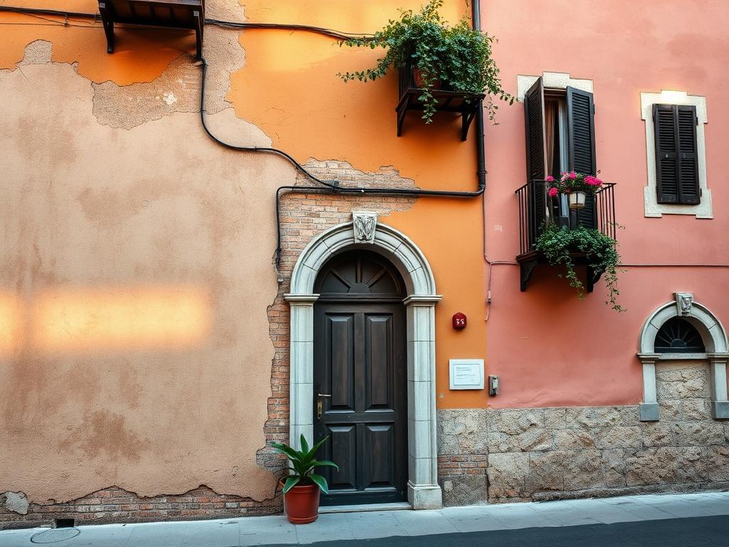 **AI Image Generation Prompt:**

Create a realistic high-resolution photo that captures the essence of an old Italian street, focusing on a single, beautifully aged building facade as the main subject. The facade should showcase the beauty of aging, featuring peeling plaster, exposed bricks, and subtle traces of faded frescoes. The image should convey a sense of history, as if the wall is narrating stories through its textures and imperfections.

The color palette must embody the warmth of Italy, incorporat