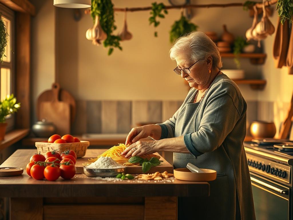 A cozy Italian kitchen with rustic wooden furniture, bathed in soft golden light. A single subject, an elderly Italian grandmother, lovingly preparing traditional pasta on a wooden countertop. Fresh ingredients like tomatoes, basil, and flour scattered around. The background features hanging garlic and herbs, creating a warm and inviting atmosphere.