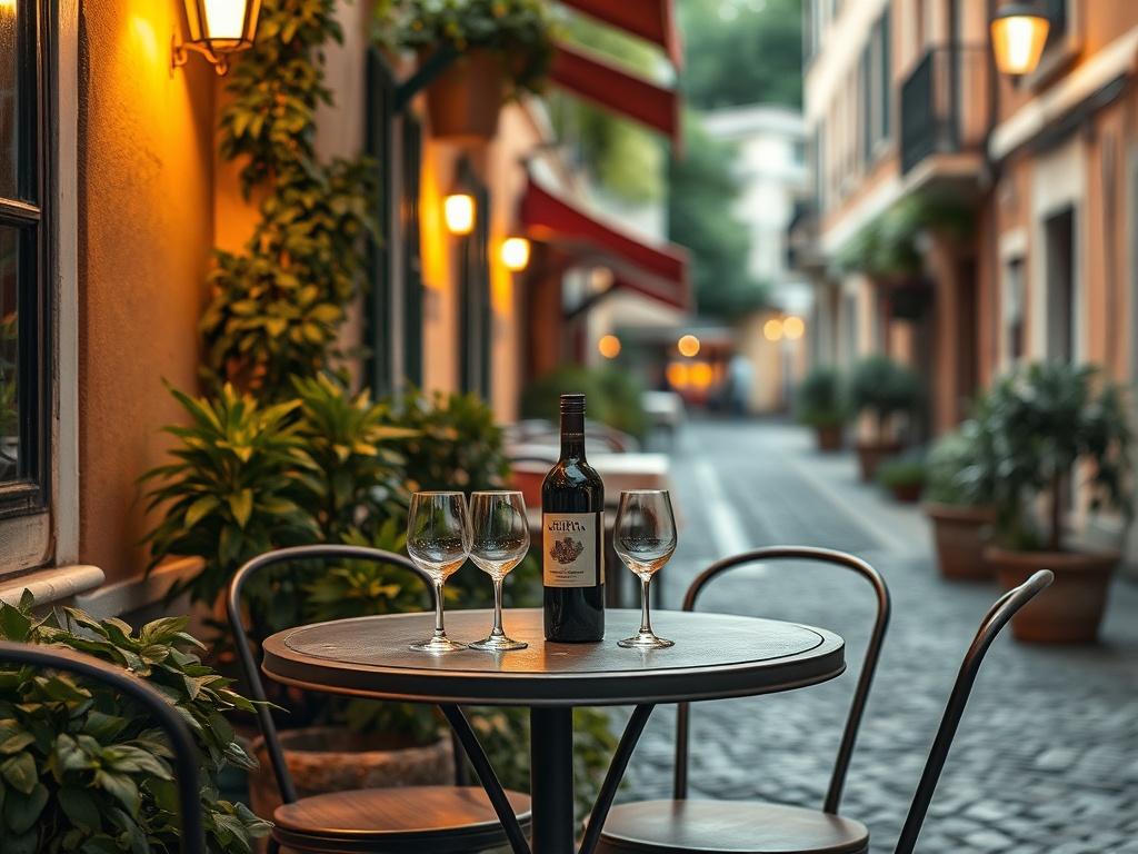 A cozy Italian café scene with soft golden lighting