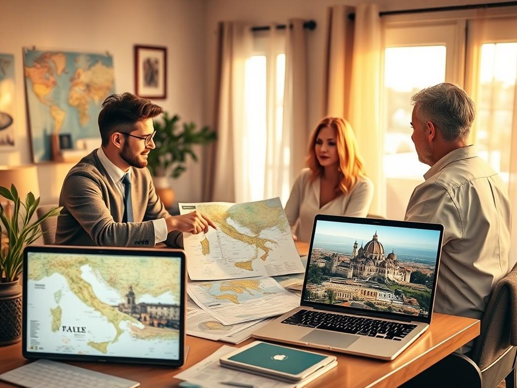 A cozy workspace with a travel planner sitting at a