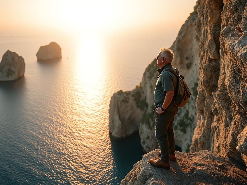 **AI Image Generation Prompt:**

Create a realistic high-resolution photo that encapsulates the essence of adventure tourism in Italy, specifically highlighting a serene moment in Sardinia. The image should feature a single traveler standing at the edge of a majestic coastal cliff, overlooking the sparkling turquoise sea. The traveler, a middle-aged individual dressed in casual, breathable outdoor attire, should be gazing contemplatively at the vast horizon, embodying a sense of exploration and tranquility.