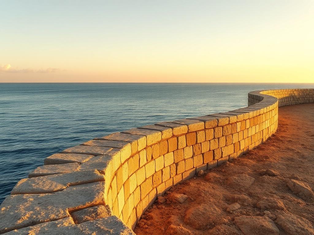 **Prompt for AI Image Generation:**

Create a realistic high-resolution photo of a serene coastal scene in Alghero, Sardinia, Italy, that highlights the calm geometry of the coastline. Focus on a single subject: a striking stone wall that winds along the edge of the land, demonstrating its connection to the Mediterranean Sea. 

**Composition Details:**
- The primary subject, the stone wall, should occupy the foreground, beautifully showcasing its textures and angles as it curves towards the horizon.
- The o