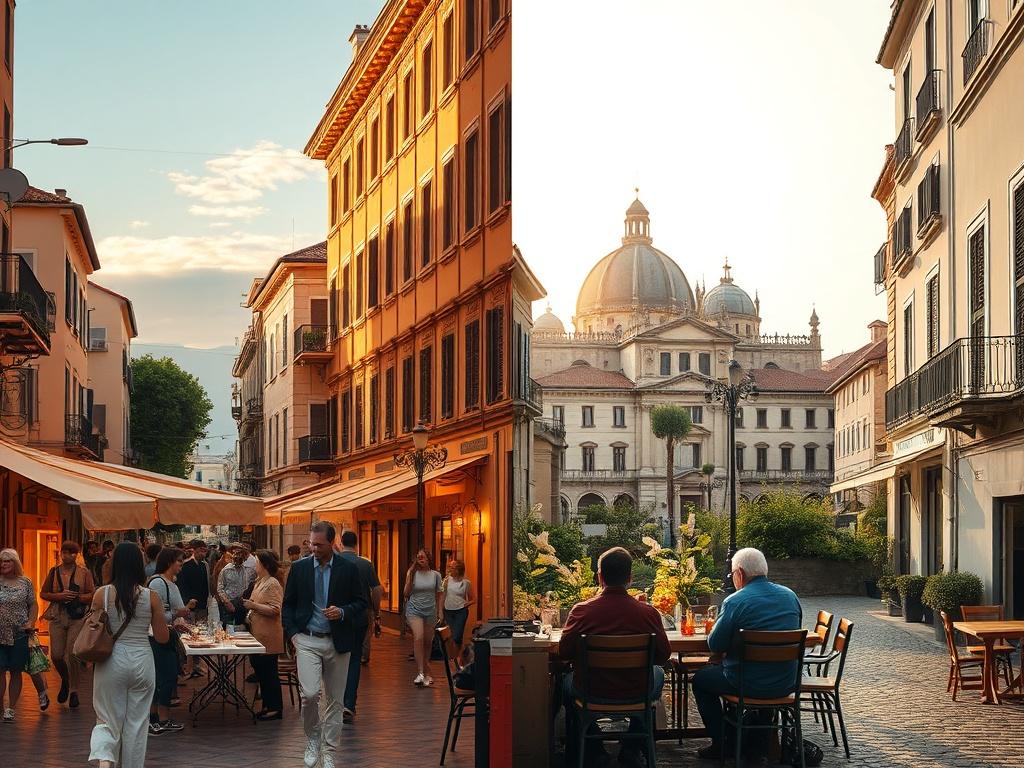 **AI Image Generation Prompt:**

Create a realistic high-resolution photo that captures the essence of the contrast between life in small towns and big cities in Italy, focusing on the theme "Life in Small Towns vs Big Cities – Two Sides of One Italy." 

**Composition Details:**
- The image should feature a split composition, with one side representing the bustling energy of a big city and the other side depicting the calm, serene atmosphere of a small town.
- **Left Side (Big City):** 
  - Focus on a vibra