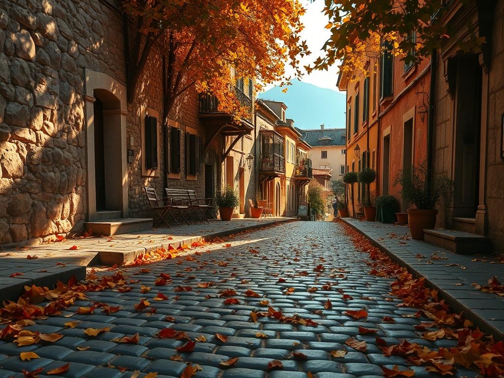 **AI Image Generation Prompt:**

Create a realistic high-resolution photograph depicting the charming town of Taormina in the depth of autumn. The image should focus on a single subject: a picturesque, cobblestone street lined with rustic stone buildings adorned with vibrant autumn foliage. The composition should be simple and clear, featuring warm golden hues that evoke a serene atmosphere. 

In the foreground, emphasize the rich textures of the cobblestones, scattered with fallen leaves in shades of orang