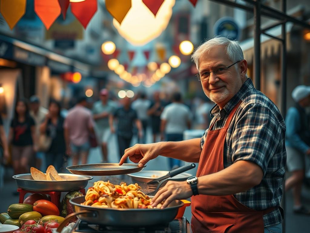 **AI Image Generation Prompt:**

Create a realistic high-resolution photo capturing the essence of street food in a vibrant, bustling city during the evening. The image should focus on a single subject: a street vendor preparing and serving delicious food, embodying the spirit of the moment when the sun sets and life slows down. 

**Composition:** The photo should be shot from a slightly elevated angle, providing a clear view of the vendor and their stall, with warm, golden hues illuminating the scene. The 